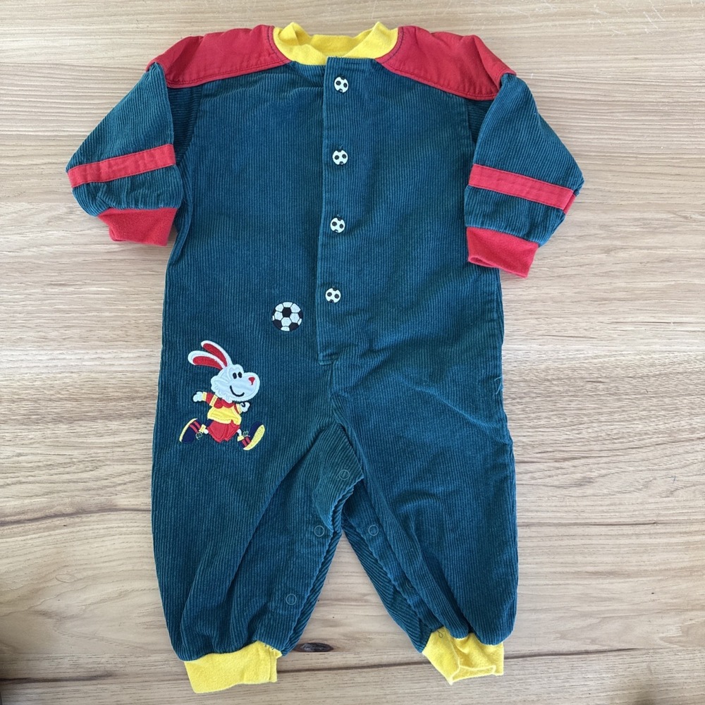 Small Steps Vintage Romper 12 Months Green Corduroy Soccer One Piece Coverall
